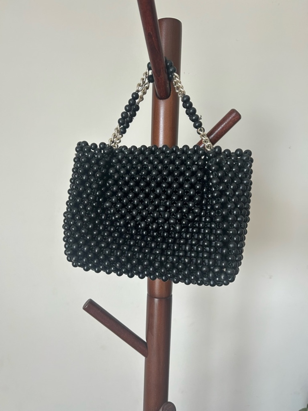 Vintage Black Beaded Mini Bag Wood Bead Purse Evening Clutch Top Handle